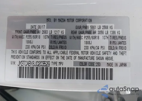 2018 Mazda Cx-9 Sport из США, поврежденный, VIN JM3TCABY8J0203529